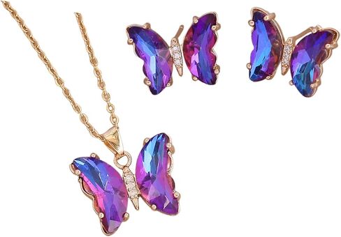 tenghong2021 Butterfly Necklace Earrings Minimalist Cubic Zircons Gold Butterfly Pendant Earrings Necklace 18K Gold Plated Cute Crystal Butterfly Jewelry Set for Women Girls Gifts Jewelry in Saudi Arabia