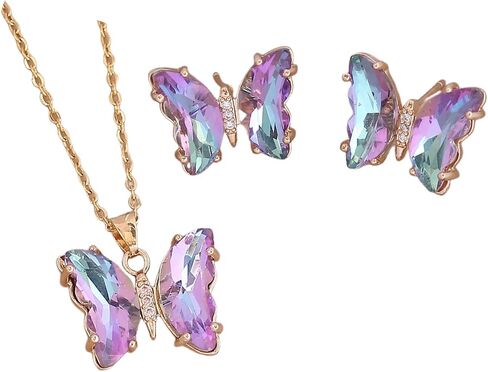tenghong2021 Butterfly Necklace Earrings Minimalist Cubic Zircons Gold Butterfly Pendant Earrings Necklace 18K Gold Plated Cute Crystal Butterfly Jewelry Set for Women Girls Gifts Jewelry in Saudi Arabia