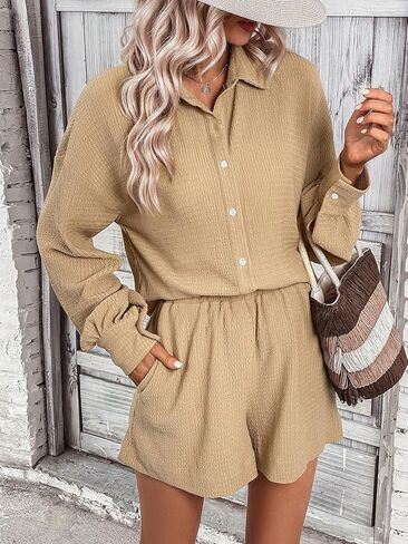 قميص نسائي كاجوال سادة بأكمام طويلة وأزرار أمامية من MakeMeChic وسروال قصير بأرجل مستقيمة مكون من قطعتين in Kuwait
