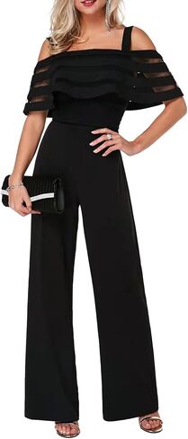 Vrtige Women's Ruffle Strapy Cold Shoulder High Waist Wide Leg Jumpsuit Long Romper in Saudi Arabia