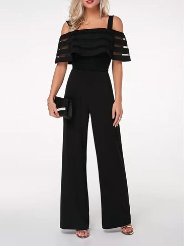 Vrtige Women's Ruffle Strapy Cold Shoulder High Waist Wide Leg Jumpsuit Long Romper in Saudi Arabia