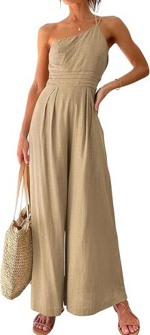 Women High Waist Jumpsuit Romper Sleeveless Straps Off Shoulder Neck Slimming Pleated Wide Leg Trousers in Saudi Arabia