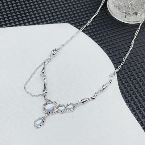 Buyongwant Irregular Zircon Splice Necklace Collar Chain Hip Hop High Grade Fashion Women Girl 17.7 Inch, Steel titanium, Moonstone in Kuwait