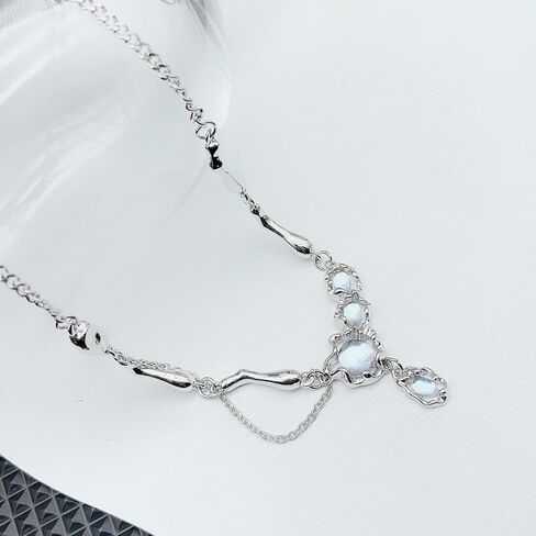 Buyongwant Irregular Zircon Splice Necklace Collar Chain Hip Hop High Grade Fashion Women Girl 17.7 Inch, Steel titanium, Moonstone in Kuwait