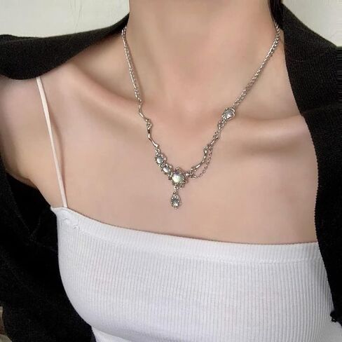 Buyongwant Irregular Zircon Splice Necklace Collar Chain Hip Hop High Grade Fashion Women Girl 17.7 Inch, Steel titanium, Moonstone in Kuwait