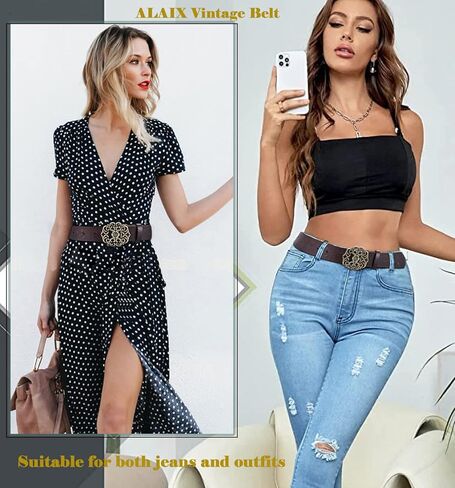 حزام جلد نسائي من ALAIX لفستان الجينز وحزام خصر عريض من الجلد الطبيعي العتيق للنساء in Kuwait