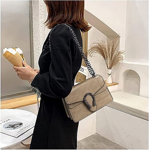 حقيبة كتف كروسبودي للنساء فاخرة بطبعة جلد ثعبان سلسلة حمل مساء مربع حقيبة يد حقيبة يد حقيبة يد حقيبة أبيض in Kuwait