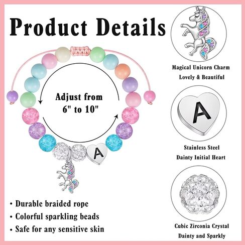 Hidepoo Unicorns Gifts for Girls - Adjustable Beads and Rhinestone Balls Bracelet Heart Initial Unicorn Bracelet Rainbow CZ Unicorn Charm Bracelet Birthday Unicorn Gifts for Girls in Kuwait