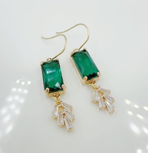 Art Deco Emerald Earrings, Art Nouveau, Baguette Rectangle Green Diamond Drop Earrings, handmade jewelry gifts in Saudi Arabia