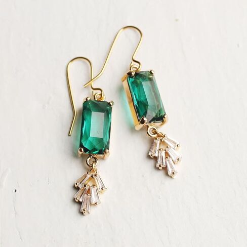 Art Deco Emerald Earrings, Art Nouveau, Baguette Rectangle Green Diamond Drop Earrings, handmade jewelry gifts in Saudi Arabia