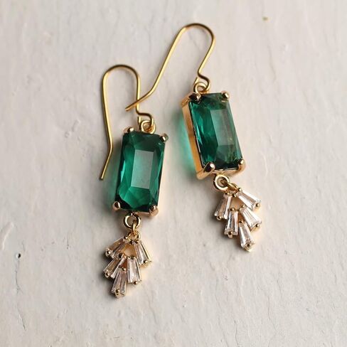 Art Deco Emerald Earrings, Art Nouveau, Baguette Rectangle Green Diamond Drop Earrings, handmade jewelry gifts in Saudi Arabia