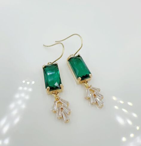 Art Deco Emerald Earrings, Art Nouveau, Baguette Rectangle Green Diamond Drop Earrings, handmade jewelry gifts in Saudi Arabia