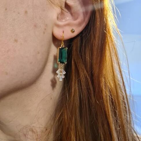 Art Deco Emerald Earrings, Art Nouveau, Baguette Rectangle Green Diamond Drop Earrings, handmade jewelry gifts in Saudi Arabia