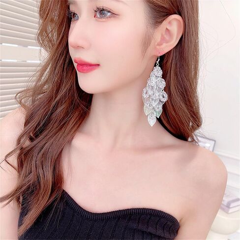 Rhinestone Leaf Chandelier Dangle Earrings for Women Girls CZ Long Tassel Filigree Leaves Statement Charms Drop Dangling Fish Hook Stud Earring Lightweight Hypoallergenic Christmas Thanksgiving Jewelry Gifts for Her in Saudi Arabia