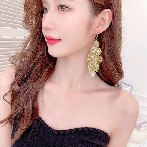 Rhinestone Leaf Chandelier Dangle Earrings for Women Girls CZ Long Tassel Filigree Leaves Statement Charms Drop Dangling Fish Hook Stud Earring Lightweight Hypoallergenic Christmas Thanksgiving Jewelry Gifts for Her in Saudi Arabia
