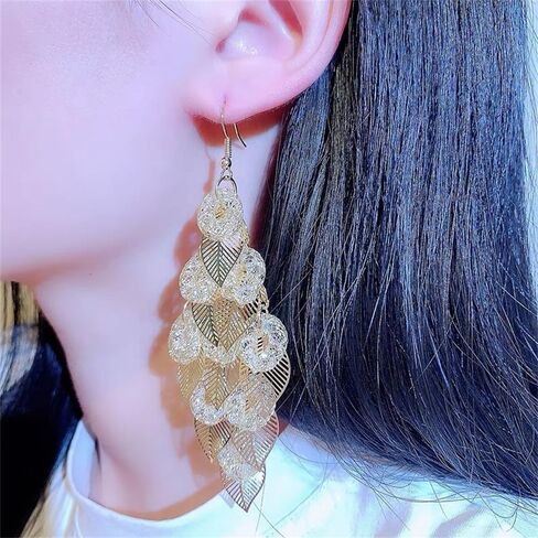 Rhinestone Leaf Chandelier Dangle Earrings for Women Girls CZ Long Tassel Filigree Leaves Statement Charms Drop Dangling Fish Hook Stud Earring Lightweight Hypoallergenic Christmas Thanksgiving Jewelry Gifts for Her in Saudi Arabia