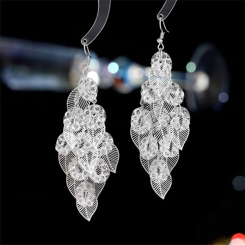 Rhinestone Leaf Chandelier Dangle Earrings for Women Girls CZ Long Tassel Filigree Leaves Statement Charms Drop Dangling Fish Hook Stud Earring Lightweight Hypoallergenic Christmas Thanksgiving Jewelry Gifts for Her in Saudi Arabia