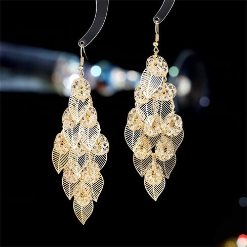 Rhinestone Leaf Chandelier Dangle Earrings for Women Girls CZ Long Tassel Filigree Leaves Statement Charms Drop Dangling Fish Hook Stud Earring Lightweight Hypoallergenic Christmas Thanksgiving Jewelry Gifts for Her in Saudi Arabia