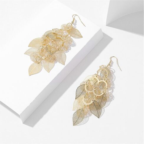 Rhinestone Leaf Chandelier Dangle Earrings for Women Girls CZ Long Tassel Filigree Leaves Statement Charms Drop Dangling Fish Hook Stud Earring Lightweight Hypoallergenic Christmas Thanksgiving Jewelry Gifts for Her in Saudi Arabia