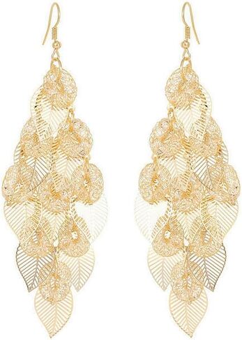 Rhinestone Leaf Chandelier Dangle Earrings for Women Girls CZ Long Tassel Filigree Leaves Statement Charms Drop Dangling Fish Hook Stud Earring Lightweight Hypoallergenic Christmas Thanksgiving Jewelry Gifts for Her in Saudi Arabia