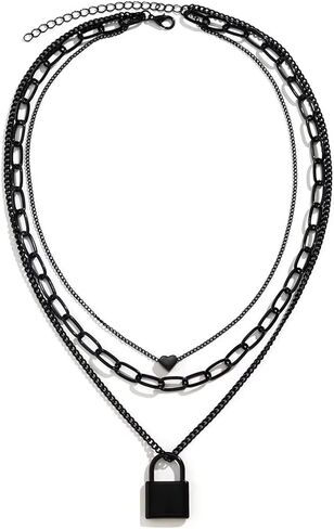 Azusa الشمس الطبقات قلادة الجمالية الشرير المجوهرات قفل ومفتاح سلسلة سميكة القلائد قفل سلاسل القلب الطبقات قلادة للنساء الرجال الفتيات مجوهرات منفعل - أسود in Kuwait