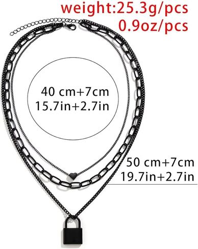 Azusa الشمس الطبقات قلادة الجمالية الشرير المجوهرات قفل ومفتاح سلسلة سميكة القلائد قفل سلاسل القلب الطبقات قلادة للنساء الرجال الفتيات مجوهرات منفعل - أسود in Kuwait