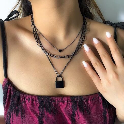 Azusa الشمس الطبقات قلادة الجمالية الشرير المجوهرات قفل ومفتاح سلسلة سميكة القلائد قفل سلاسل القلب الطبقات قلادة للنساء الرجال الفتيات مجوهرات منفعل - أسود in Kuwait