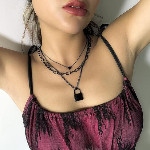 Azusa الشمس الطبقات قلادة الجمالية الشرير المجوهرات قفل ومفتاح سلسلة سميكة القلائد قفل سلاسل القلب الطبقات قلادة للنساء الرجال الفتيات مجوهرات منفعل - أسود in Kuwait