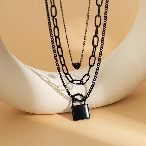 Azusa الشمس الطبقات قلادة الجمالية الشرير المجوهرات قفل ومفتاح سلسلة سميكة القلائد قفل سلاسل القلب الطبقات قلادة للنساء الرجال الفتيات مجوهرات منفعل - أسود in Kuwait
