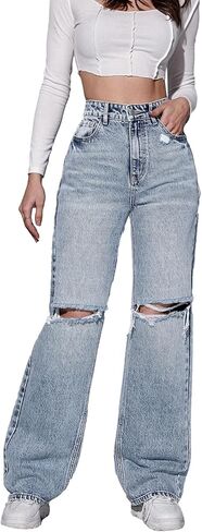 SweatyRocks Women's High Waist Ripped Straight Leg Jeans Boyfriend Style Distressed Denim Pants with Pocket in Saudi Arabia