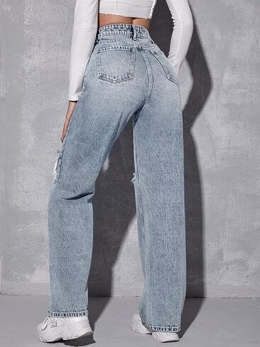 SweatyRocks Women's High Waist Ripped Straight Leg Jeans Boyfriend Style Distressed Denim Pants with Pocket in Saudi Arabia