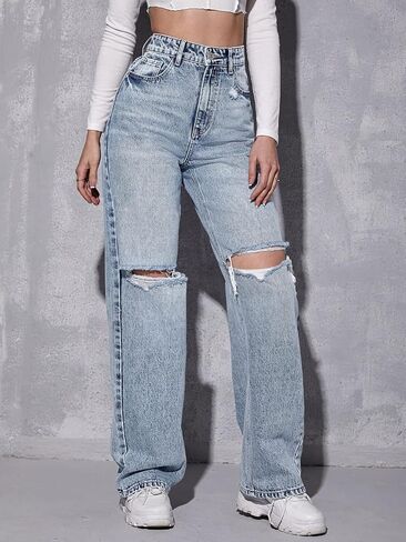 SweatyRocks Women's High Waist Ripped Straight Leg Jeans Boyfriend Style Distressed Denim Pants with Pocket in Saudi Arabia