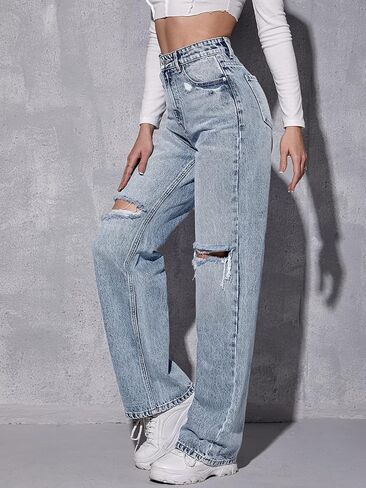 SweatyRocks Women's High Waist Ripped Straight Leg Jeans Boyfriend Style Distressed Denim Pants with Pocket in Saudi Arabia