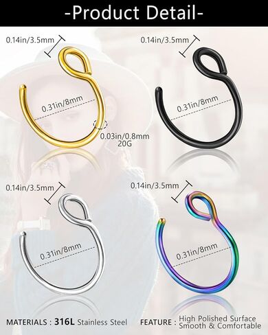 JELIEE 12Pcs 20G Fake Nose Rings Fake Septum Nose Ring Hoop for Faux Lip Septum Nose Ring Set Stainless Nose Hoop for Women Men in Kuwait