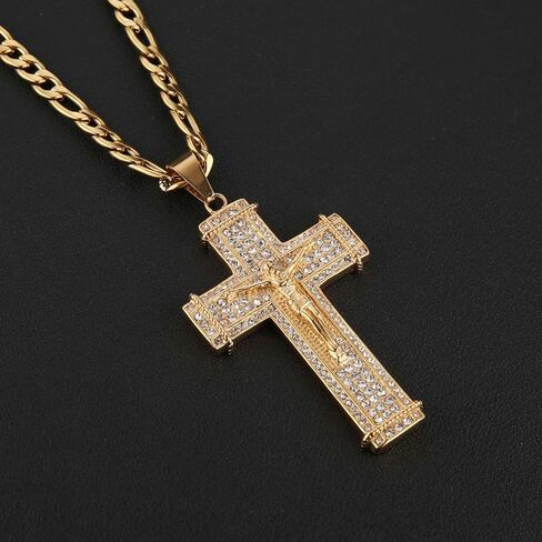 HZMAN 18K مطلية بالذهب الصليب الصليب قلادة للرجال النساء الفولاذ المقاوم للصدأ لذيذ مثلج خارج تشيكوسلوفاكيا كبيرة يسوع المسيح الصليب قلادة مع 24 "سلسلة فيجارو in Saudi Arabia