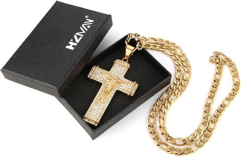 HZMAN 18K مطلية بالذهب الصليب الصليب قلادة للرجال النساء الفولاذ المقاوم للصدأ لذيذ مثلج خارج تشيكوسلوفاكيا كبيرة يسوع المسيح الصليب قلادة مع 24 "سلسلة فيجارو in Saudi Arabia