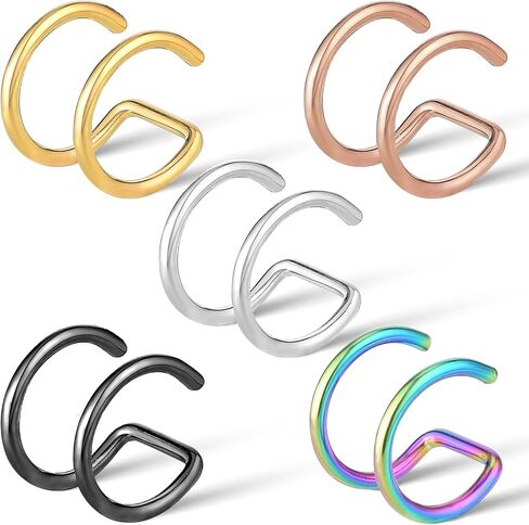 5Pcs Fake Nose Rings Hoops Fake Piercing Clip on Nose Lip Earrings Stud Stainless Steel Double Hoop Multicolor Faux Septum Nose Rings for Women Men in Saudi Arabia