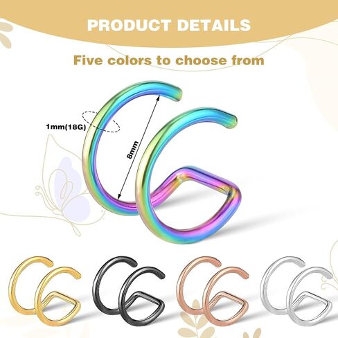 5Pcs Fake Nose Rings Hoops Fake Piercing Clip on Nose Lip Earrings Stud Stainless Steel Double Hoop Multicolor Faux Septum Nose Rings for Women Men in Saudi Arabia