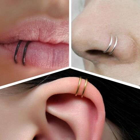 5Pcs Fake Nose Rings Hoops Fake Piercing Clip on Nose Lip Earrings Stud Stainless Steel Double Hoop Multicolor Faux Septum Nose Rings for Women Men in Saudi Arabia