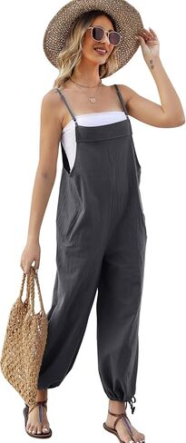 بذلة فضفاضة للسيدات من PEHMEA مصنوعة من القطن والكتان مع جيوب وبنطلون بحزام سباغيتي قابل للتعديل in Kuwait