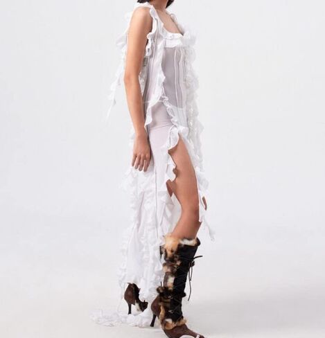 Juakoso Sexy Y2K Ruffles Fairy Dress Fringe Strapless Floral Dress Asymmetrical See Through Beach Party Club Outfits in Saudi Arabia