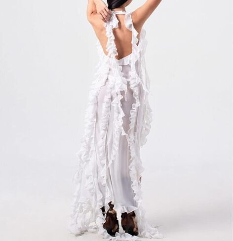 Juakoso Sexy Y2K Ruffles Fairy Dress Fringe Strapless Floral Dress Asymmetrical See Through Beach Party Club Outfits in Saudi Arabia