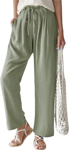 بنطال Umenlele نسائي كاجوال برباط مرن عالي الخصر مستقيم الساق طويل in Kuwait