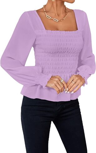 Umenlele Women's Square Neck Ruffle Frill Smocked Long Sleeve Peplum Blouse Top in Saudi Arabia