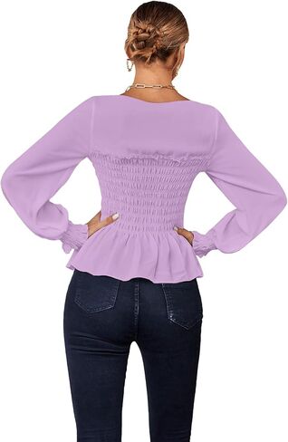 Umenlele Women's Square Neck Ruffle Frill Smocked Long Sleeve Peplum Blouse Top in Saudi Arabia