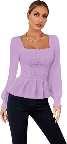 Umenlele Women's Square Neck Ruffle Frill Smocked Long Sleeve Peplum Blouse Top in Saudi Arabia