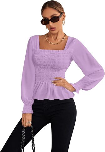 Umenlele Women's Square Neck Ruffle Frill Smocked Long Sleeve Peplum Blouse Top in Saudi Arabia