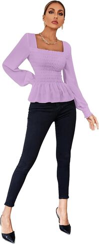 Umenlele Women's Square Neck Ruffle Frill Smocked Long Sleeve Peplum Blouse Top in Saudi Arabia