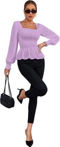 Umenlele Women's Square Neck Ruffle Frill Smocked Long Sleeve Peplum Blouse Top in Saudi Arabia