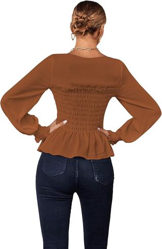 Umenlele Women's Square Neck Ruffle Frill Smocked Long Sleeve Peplum Blouse Top in Saudi Arabia